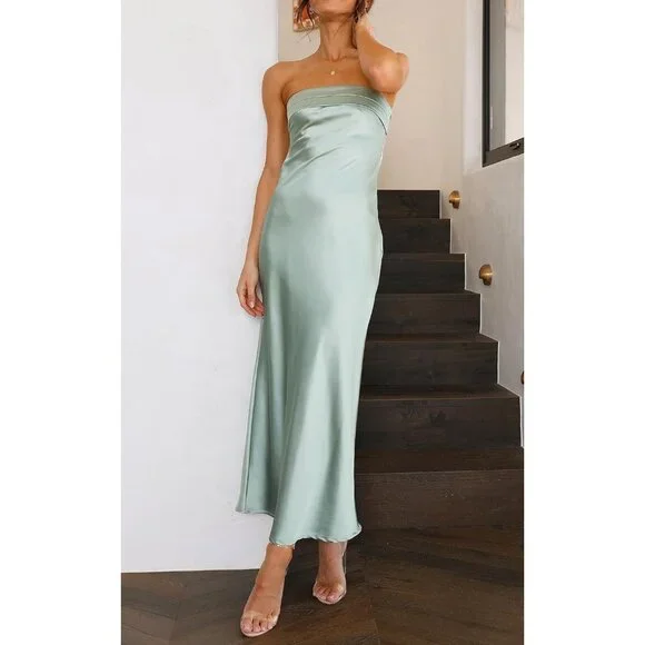 Women's Sage Cocktail Satin Staples Tube Bodycon Backless Party Maxi Dress - Picture 7 of 7